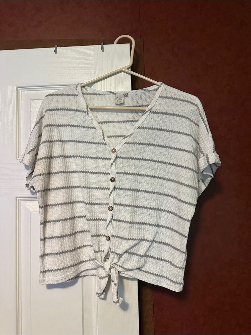 Paper Crane White and Gray Striped Tie-Front Button V-Neck Top
